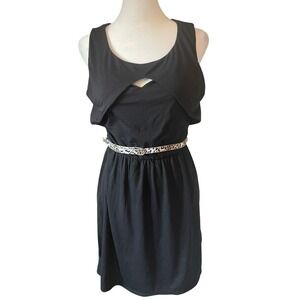 Stitch Between Womens Cutout Belted Mini Dress M Black Leopard Print LBD Casual